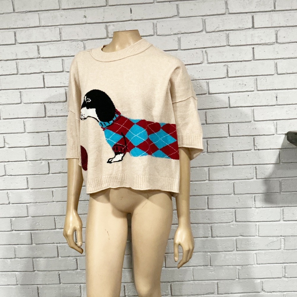 Anthropologie Dachshund Dog Cashmere Knit Sweater Beige NWT